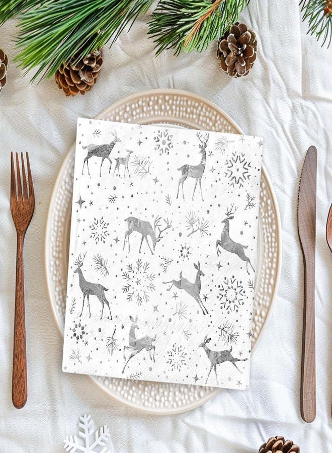 JarThenaAMCS مناديل ورقية من JarThenaAMCS، ٥٠ قطعة، للاستخدام مرة واحدة، مصنوعة من رقائق معدنية فضية اللون، مزينة برسومات ندفة الثلج والغزلان، مثالية للغداء والعشاء وحفلات أعياد الميلاد. - Image 5